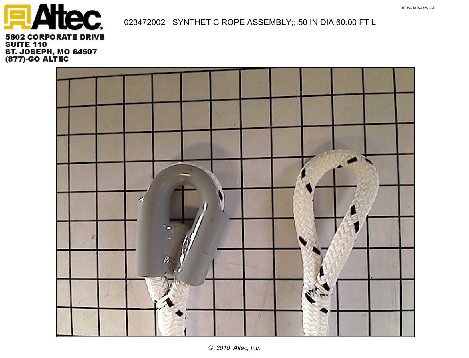 Synthetic Rope Assembly .50" Diameter, 60.00' Length Altec Inc.