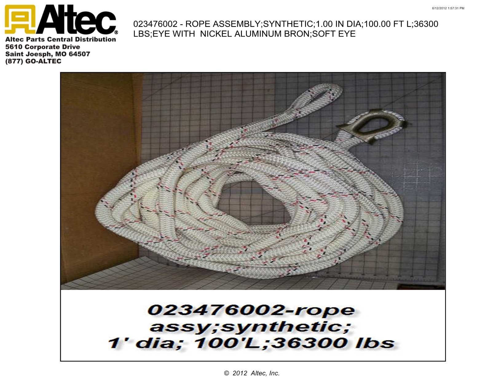 Ashley Sling 40000400 Synthetic Rope Assembly, 1" Dia, 100' Length