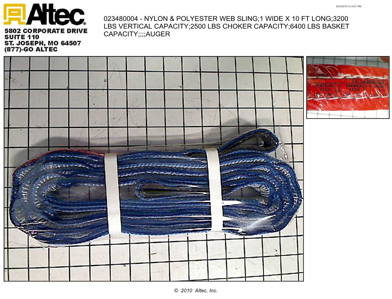 Bashlin 770W Auger Sling 1" Nylon  with Reinforced Eyes, 10' Length Altec Inc.