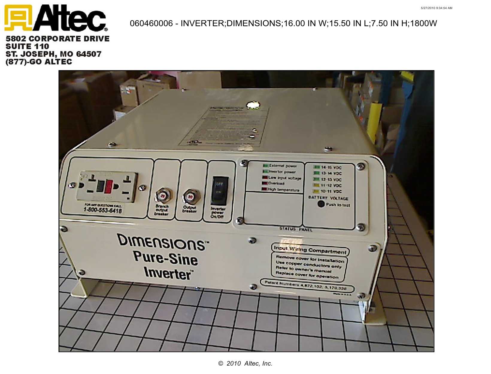 Sensata Technologies ALT12/1800N Dimensions Inverter, 16" W x 15.5" L