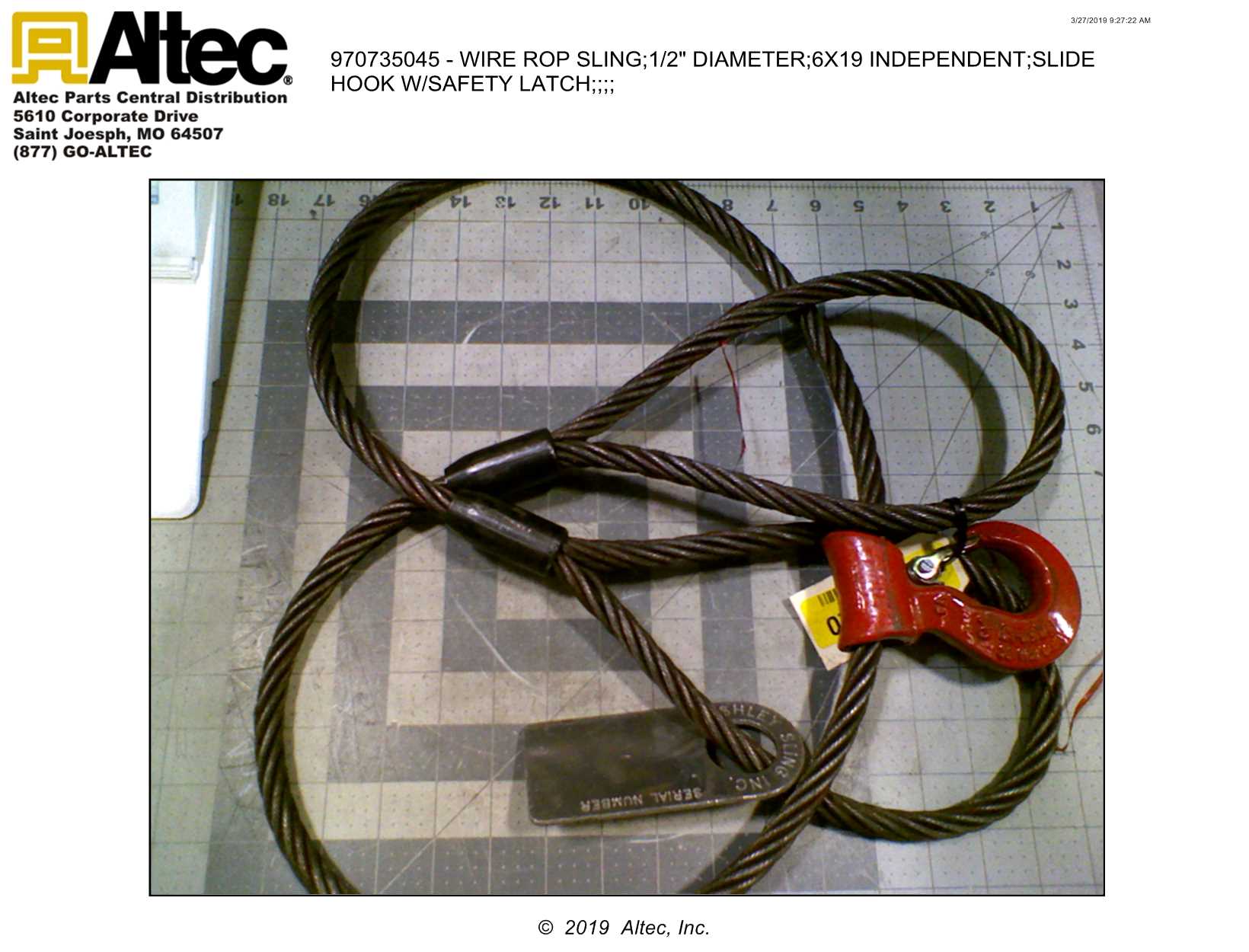 Ashley Sling ASI137B1/2X6SC Wire Rope Sling, 1/2" Dia, Sliding Choker